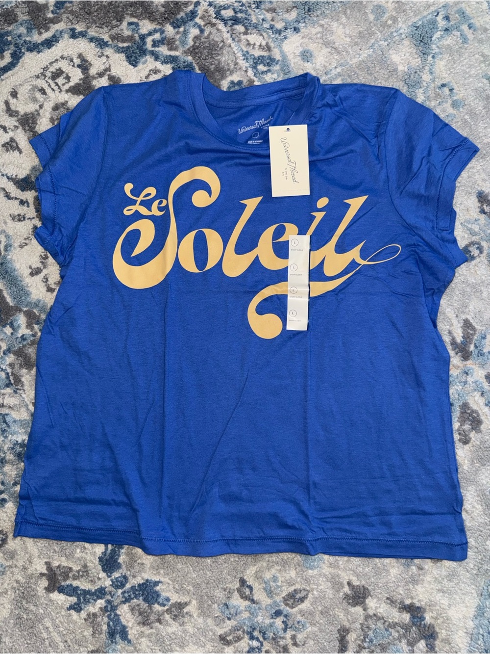 Universal Thread Blue Tee with Yellow 'Le Soleil' Script
